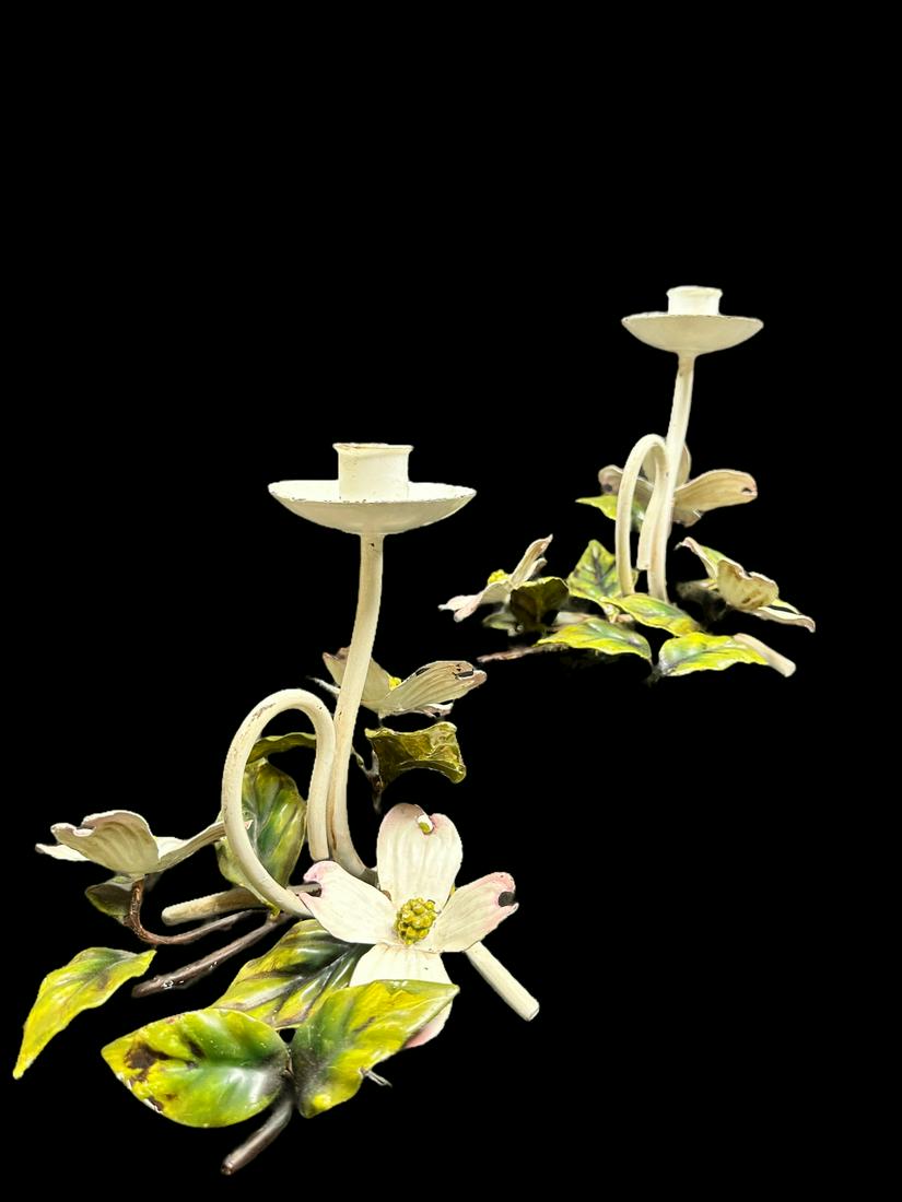 Pr Vntg Italian Tole Painted Floral Candle Holders: Pair of vintage Italian tole painted wrought iron dogwood flower candle holders, include made in Italy brass ring. Excellent condition with minor wear to finish (see pics). Measures 7" x 9.5" x 8".