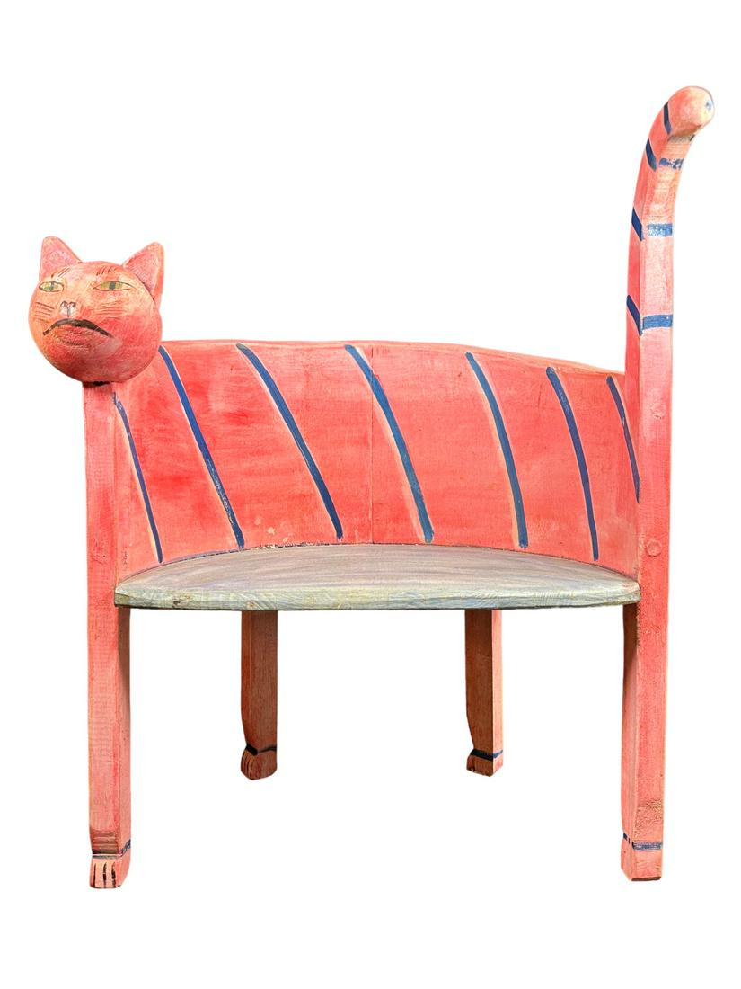 Gerard Rigot (France) Carved Cat Chair: Gerard Rigot (France) folk art, hand carved chair in the form of a cat. Signed on bottom. Endorsed by the Musee des Arts Decoratifs, Paris. Excellent condition. Measures 12" x 19" x 23".
