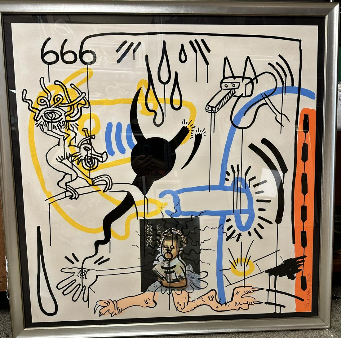 Keith Haring Screenprint "Apocalypse 8" #58/90,: 1988 Keith Haring Screenprint on museum board "Apocalypse 8" numbered 58/90, 1988. From the artist's Apocalypse series, the piece shows violent warlike imagery including a satanic child. Pencil signed