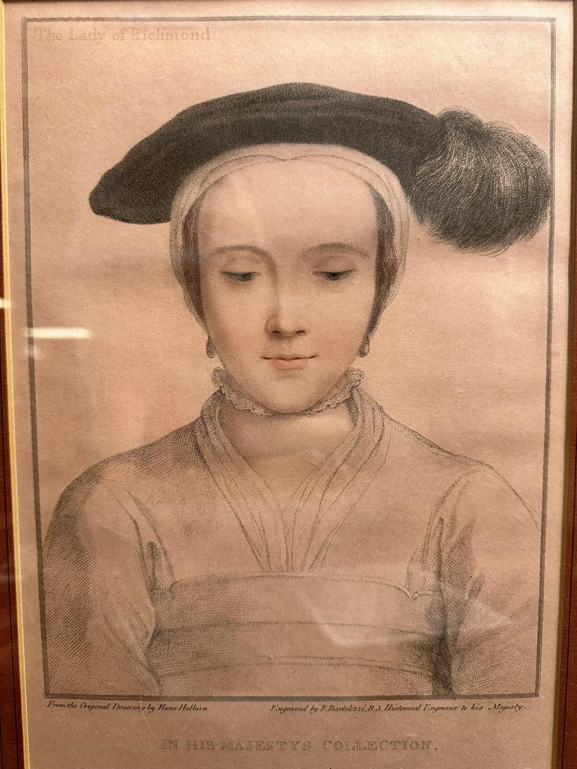 18c Francesco Bartolozzi "The Lady of Richmond": 18th Century Francesco Bartolozzi stipple engraving 1795, titled "The Lady of Richmond", Mary Howard. One of the famous Bartolozzi plates of the Royal Collection of drawings by Hans Holbein. Published
