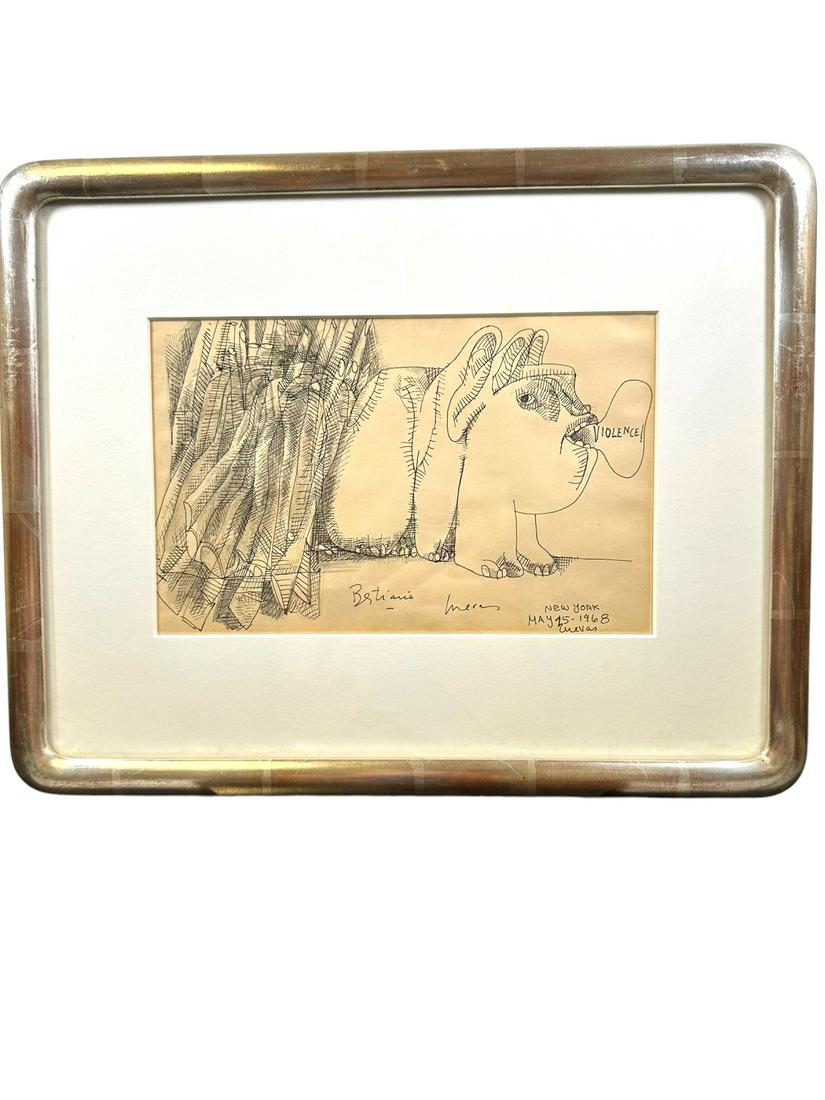 Jose Luis Cuevas Original "Bartiario" 1968: Jose Luis Cuevas "Bartiario" (spelling may be incorrect), 1968, original pen and watercolor sketch. Signed, titled and dated. Art measures 10.25" x 6.5", frame measures 16.25" x 13".