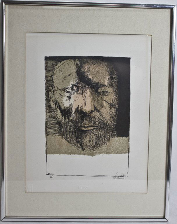 Leonard Baskin Lithograph "Self Portrait": Lithograph by American artist Leonard Baskin. (1922-2000) ''Self-Portrait''- lithograph in colors on woven paper with fox watermark. 1983-84, signed in pencil, edition of 260 by The Print Club of Clev