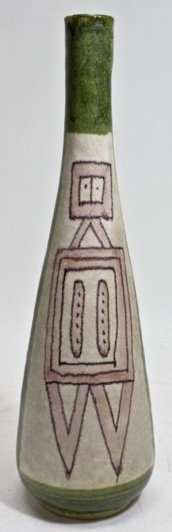 Guido Gambone Stoneware Pottery Vase: Guido Gambone stoneware vase decorated with an abstact figural. Glazed signature with donkey mark to underside Measurements: 4.5"d x 14.75"h Period: Mid Century Artist: Guido Gambone