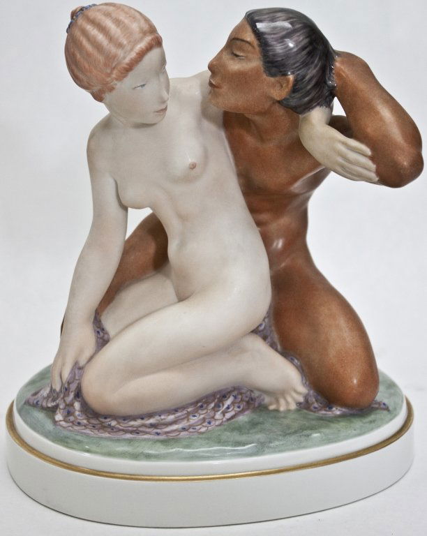 Gerhard Henning /Royal Copenhagen "Amor & Psyche": "Amor and Psyche" Gerhard Henning (1880-1967) for Royal Copenhagen Amor & Psyche. 1959, Signed, with insignia, "2.12 1959 LBX" and stamped "1796 I" Measurements: 8.25" x 6.25" x 8.75" Period: Mid Cent