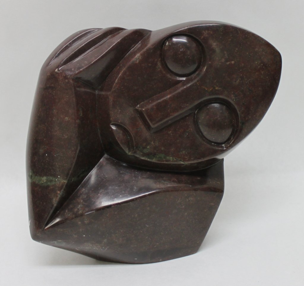 F. Tirivanhu Abstract Stone Sculpture. S. Africa: Abstract stone sculpture by South African artist, Felix Tirivanhu. Stone unknown. Though more brown/dark amber in color, it is likely a rare type of verdite or serpentine from Zimbabwe, as typically u