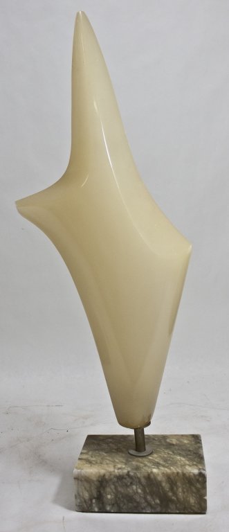 Abstract Alabaster Sculpture: Abstract alabaster sculpture on marble plinth. Shows minor wear/signs of age, as shown. Measurements: 8.5" x 3 x 22.75" Period: Mid Century / Modern Artist: Unknown