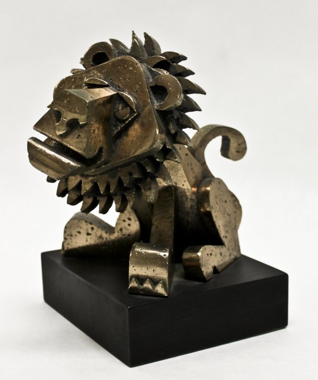 Frank Meisler Cast Metal Lion Sculpture: Cast metal sculpture of a lion by Israeli artist, Frank Meisler (1929- ). Bronze patina. Numbered 31/250 and stamped, "Frank Meisler, Israel". Measurements: 7" x 5.5" x 7.5" Period: Mid Century / Mode