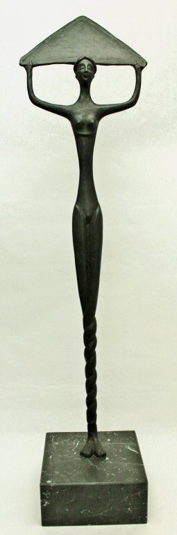 Wrought Iron Surrealist Nude Sculpture. Haguenauer: Large, surrealist wrought iron sculpture of a nude female holding a triangle above her head. Believed to be by Austrian artist, Franz Haguenauer.. Mounted on a marble plinth. Base measures 10.5" x 10.