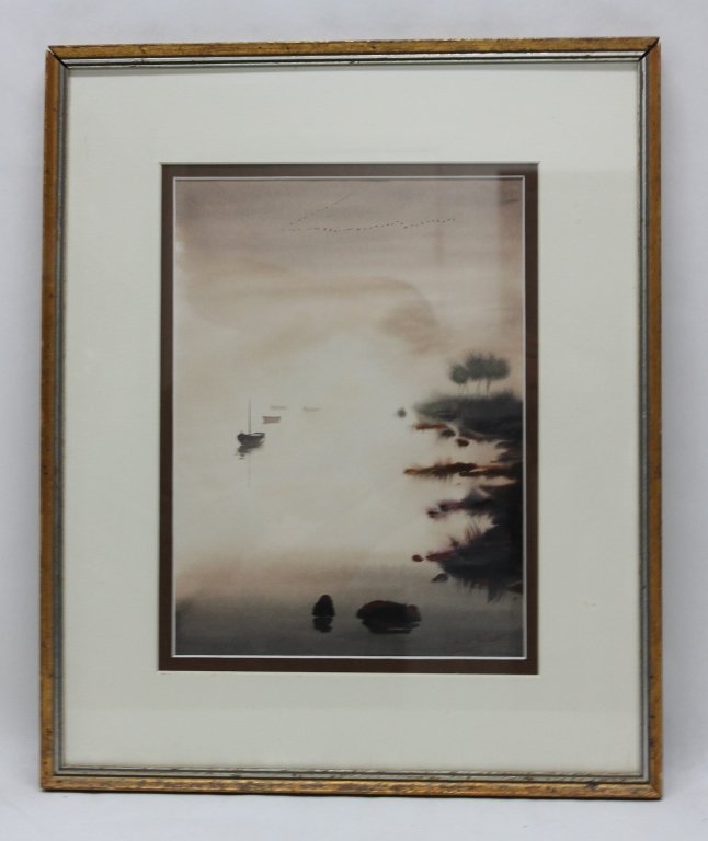 Mariano Ortuzar Watercolor: Watercolor by Chilean artist Mariano Ortuzar (20th century). Untitled scene depicting boats and birds on a lake. Signed, "M. Ortuzar", lower right. Framed, under glass. Frame measures 15" x 18". Measu