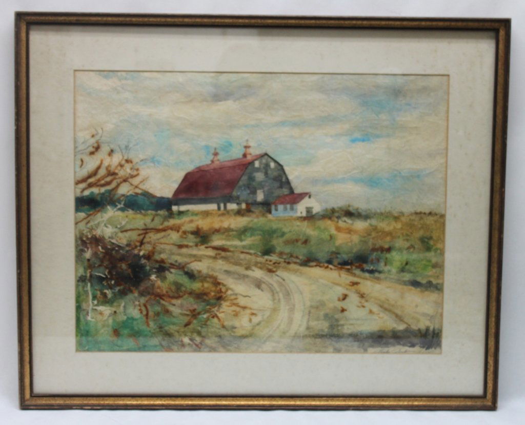 Charles Colombo Watercolor Depicting a Farm: Watercolor on organic paper depicting a farm by American artist Charles Colombo (born DE, 1927). Signed lower right, "Charles Colomobo". Framed, under glass. Frame measures 31" x 24". Colombo learned