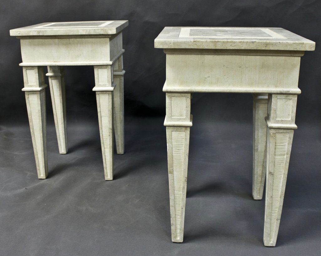 Pair of Cream Marble End Tables. Karl Springer: After Karl Springer, heavy, cream colored marble tables with incising and wood sub-straight. Measurements: 14" x 14" x 22" Period: Modern