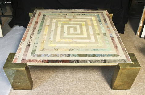 Marcello Mioni Rainbow Coffee Table: Original "Rainbow" square coffee table by designer Marcello Mioni. As seen in Architectural Digest, 1981. Multicolored marble, 'Greek key' pattern with heavy brass tier supports Measurements: 48" x 48