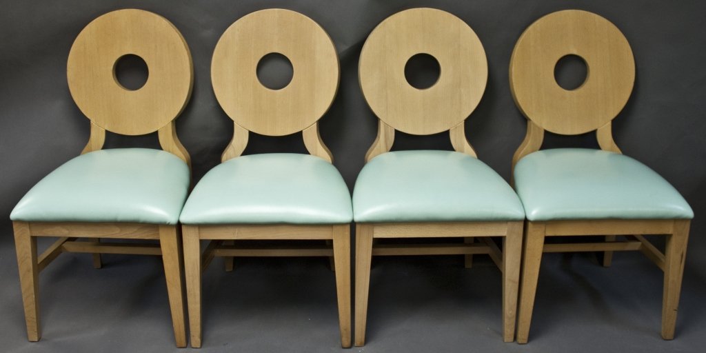 (4) Beachwood & Teal Vinyl Dining Chairs. Rohde: After Gilbert Rohde. Lot of (4) mid century / modern beachwood dining chairs with pale turquoise vinyl seats. Show very minor wear. Measurements: 20" x 23" x 38" Period: Mid Century / Modern