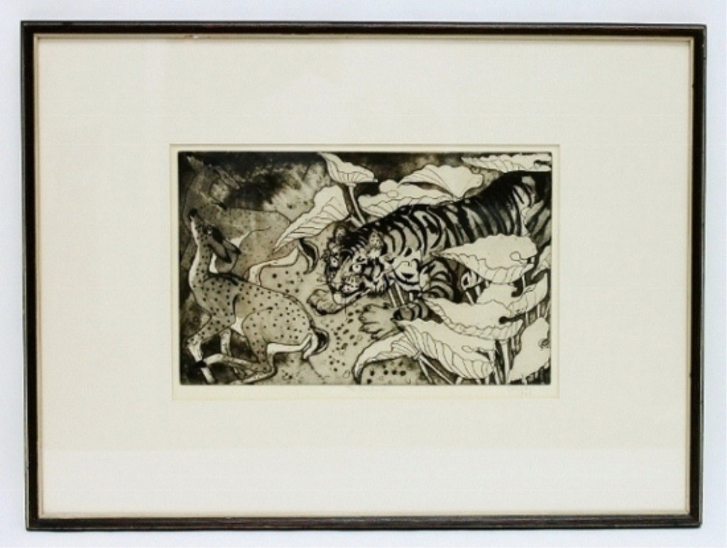 Orovida Camille Pissarro Etching. "The Ambush": Etching and aquatint by artist Orovida Camille Pissaro. Titled, "The Ambush". Signed and dated "Orovida 138". Cleveland Print Club Publication #17, 1939. Frame measures 20" x 15. Measurements: 11" x 7