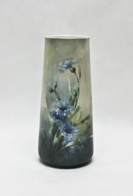 Beleek Willets Hand Painted Vase W Floral Motif: Beleek Willets hand-painted vase with floral motif. Signed by artist Julia S. Griffith (1879-1912) Measurements: 4.5" d x 10" h Period: Early 20th Century Artist: Julia S. Griffith