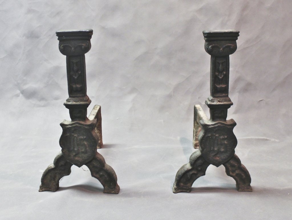 16th Century Fireplace End Irons / Firedogs: 16th century fireplace irons or "firedogs". Heavy cast and wrought iron. Measurements: 11" x 19" x 21.75" Period: 16th Century