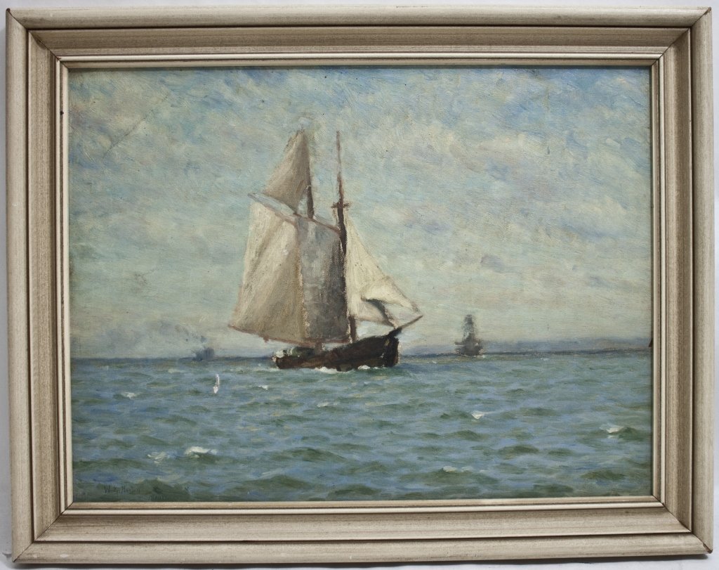 William Edward Norton Oil on Canvas: Oil on canvas by American artist William Edward Norton (1843-1916). Depiction of a schooner at sea. Signed lower left, "W. E. Norton, Atelier". Frame measures 18.5" x 14.5". Measurements: 16" x 12'" P
