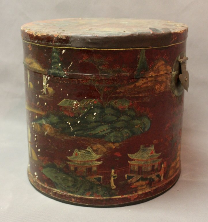 19th Century Chinese Hand Painted Lacquer Hat Box: 19th century Chinese hand painted lacquer hat box. Measurements: 13.5"d x 13"h Period: 19th Century