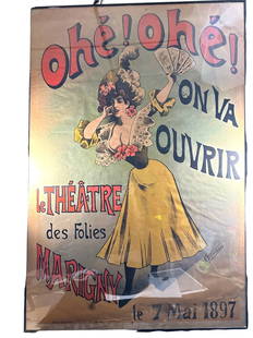 1897 LeTheatre des Folies Marigny Theater Poster: Alfred Choubrac (French, 1853-1902), le 7 Mai 1897 theater poster, titled "LeTheatre des Folies Marigny". Excellent condition with some stain to upper right corner. Measures 31.5" x 48.25.