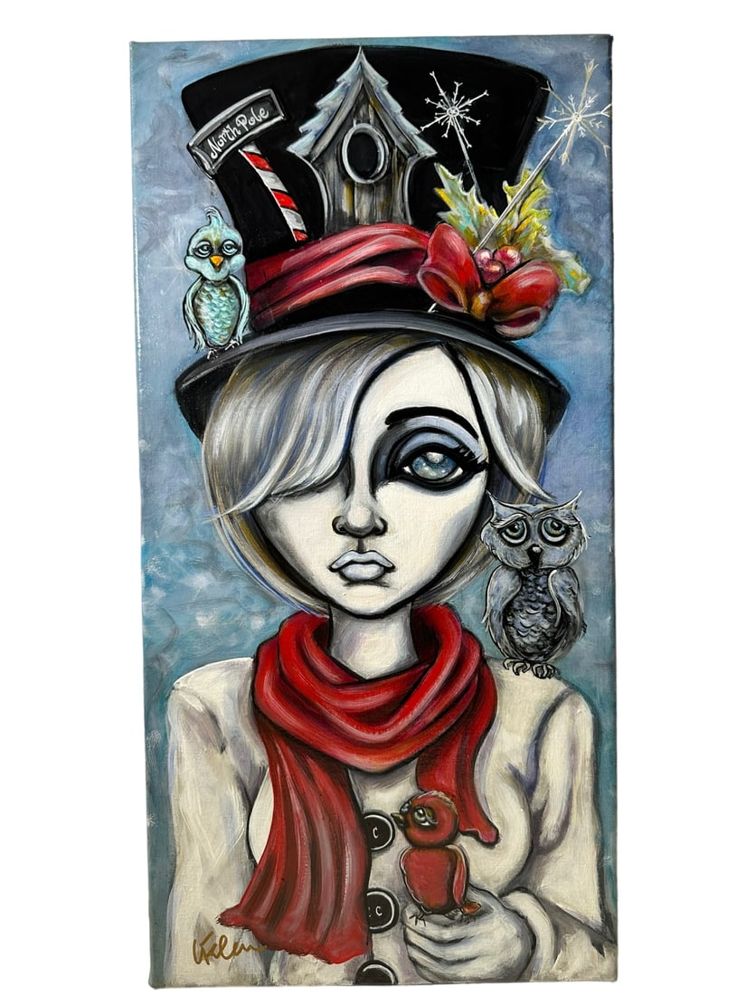 Lizzy Falcon "North Pole" Acrylic on Canvas 2016: Lizzy Falcon "North Pole", acrylic on canvas, 2016. Steam Punk Christmas. Signed lower left. Signed, dated and titled on verso. Measures 12" x 24".