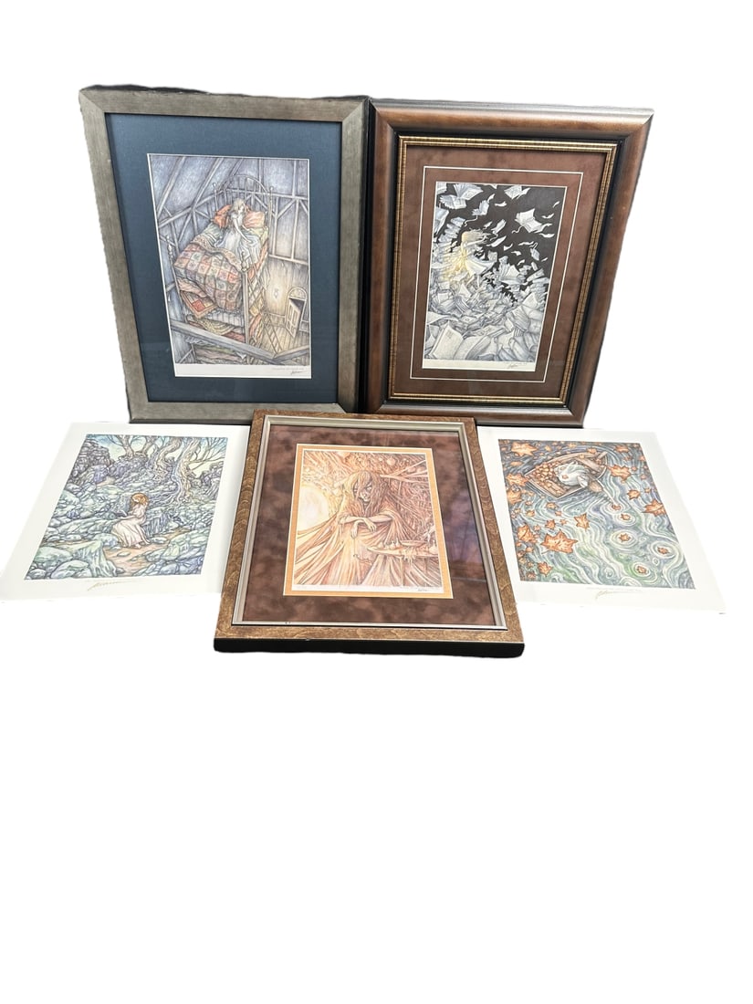 5pc Adam Oehlers Watercolors & Giclees: 5 Pieces by Adam Oehlers, (1) titled "Princess & Pea", dated 2018, watercolor original, measures 8" x 12", frame measures 14" x 18", (1) titled "Flutter" dated 2016, watercolor, pen and pencil, origin