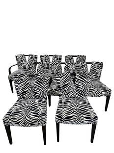 8pc Paul Frankl Zebra Fabric Dining Chairs: 8 Pieces of Paul Frankl zebra fabric dining chairs, (2) captain's chairs, and (6) side chairs. Excellent condition, need cleaned. Measures 22" x 22" x 31". These will require a shipper.