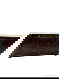 Mid Century Paul Frankl Server with Cork Top 72": Mid Century Paul Frankl Server or sideboard with cork top, features ebonized wood. Inside drawer is John Stuart Inc Grand Rapids NY label. The cabinet with cantered corners has three top drawers surmo