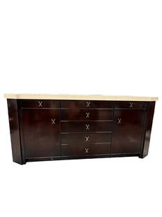 Mid Century Paul Frankl Server with Cork Top 72": Mid Century Paul Frankl Server or sideboard with cork top, features ebonized wood. Inside drawer is John Stuart Inc Grand Rapids NY label. The cabinet with cantered corners has three top drawers surmo