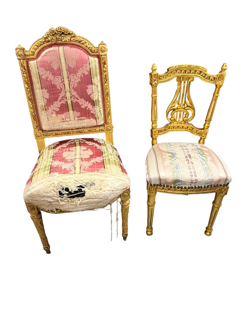 19C Pair Louis XV Side Chairs: 19th Century pair of Louis XV side chairs, (1) finely carved wood with incredible floral details and gold gilt finish, measures 18" x 21" x 39", and (1) harp back with carved floral details and gold g