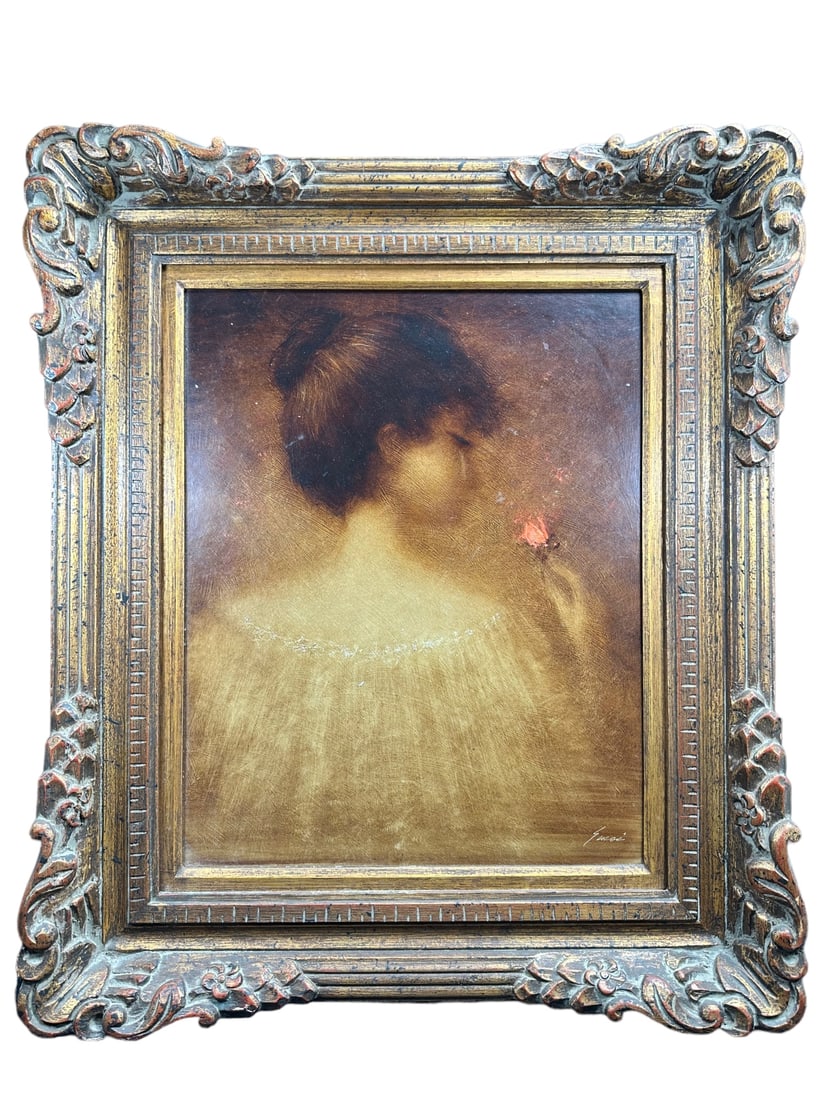 Alfred J. Sussi (Am 1931-2013) "Girl With Rose" 73: Alfred J. Sussi (American 1931-2013) oil on masonite, titled "Girl With Rose", dated 1973. Signed Sussi lower right. Titled and dated on verso. Excellent condition. Art measures 19.25" x 15.25", frame