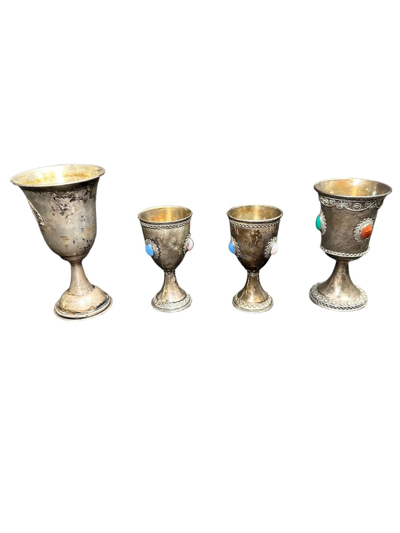 4pc Judaica Kiddush Cups w Gemstones 5.635 T Oz (1 of 4)