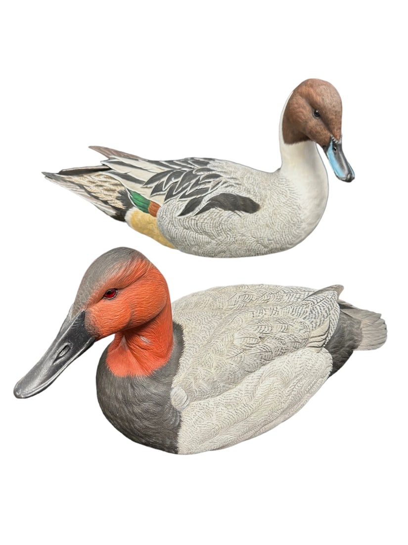 James R. White and Sharon Teska carved ducks (1) Pintail Drake by both James & Sharon, and (1) Back: James R. White and Sharon Teska carved ducks (1) Pintail Drake by both James & Sharon, and (1) Back Drake by James. Excellent condition, incredible detail. Both signed and titled on bottom. Measure 7"