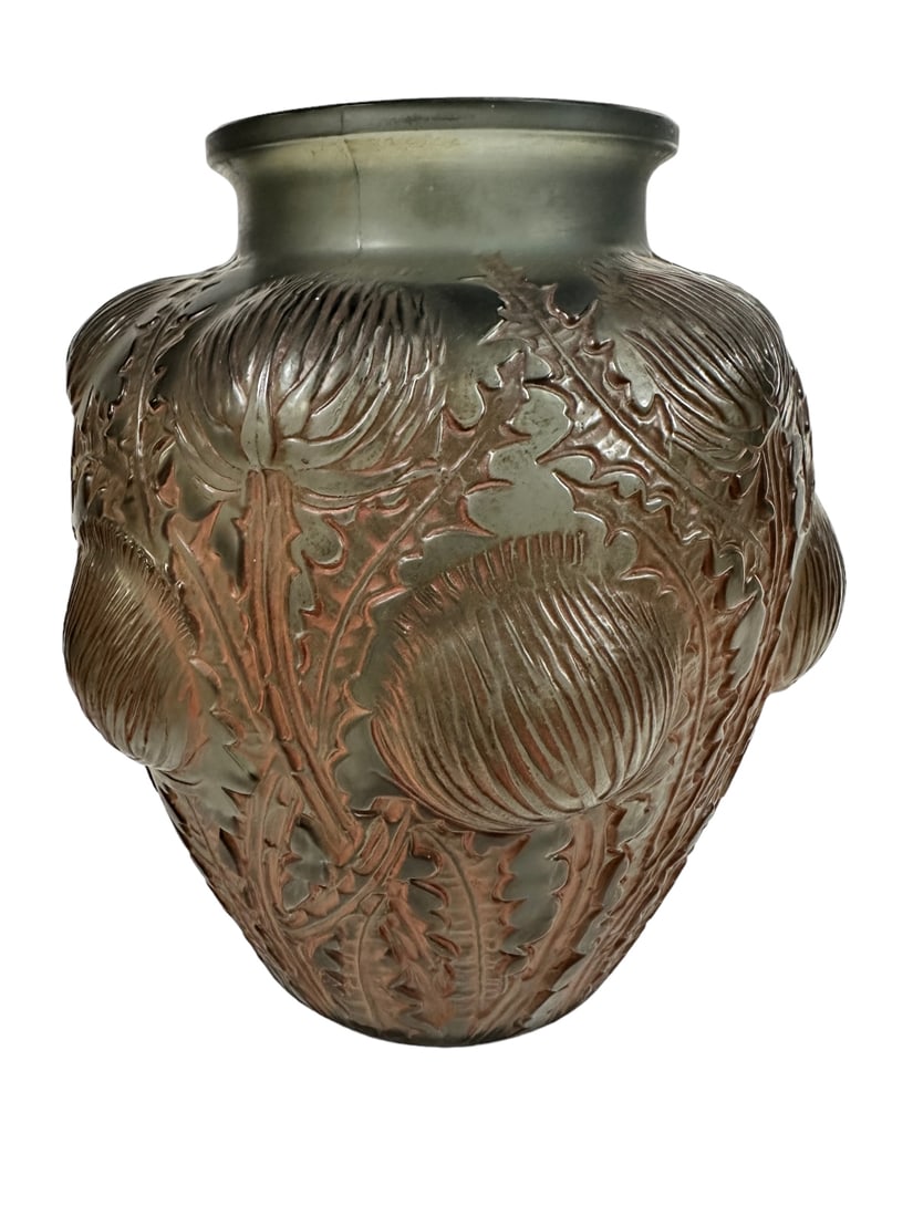 Rene Lalique France Domremy vase, smokey gray glass with red patina. Signed Rene Lalique France on: Rene Lalique France Domremy vase, smokey gray glass with red patina. Signed Rene Lalique France on bottom. Excellent condition. Measures 7" dia. x 9".