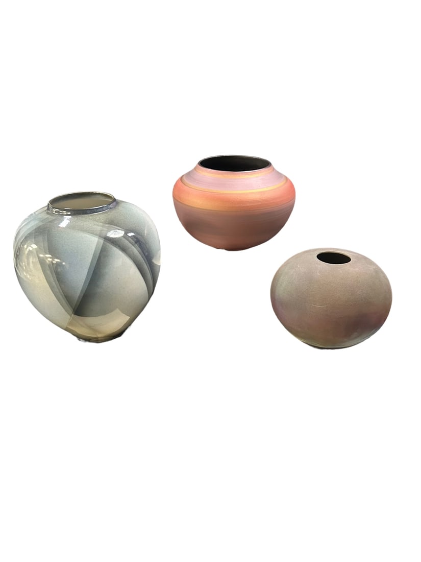 3 Pieces pottery vases, (1) Tony Evans (1942-2009) Raku pottery, signed on bottom, measures 7" dia. (1 of 20)