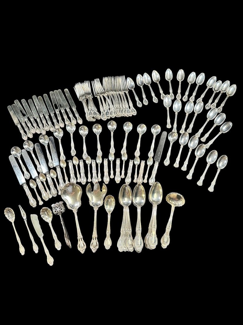 117 Pieces of (107) Tiffany flatware, (9) serving pieces and (1) silver chest. English King pattern (1 of 20)