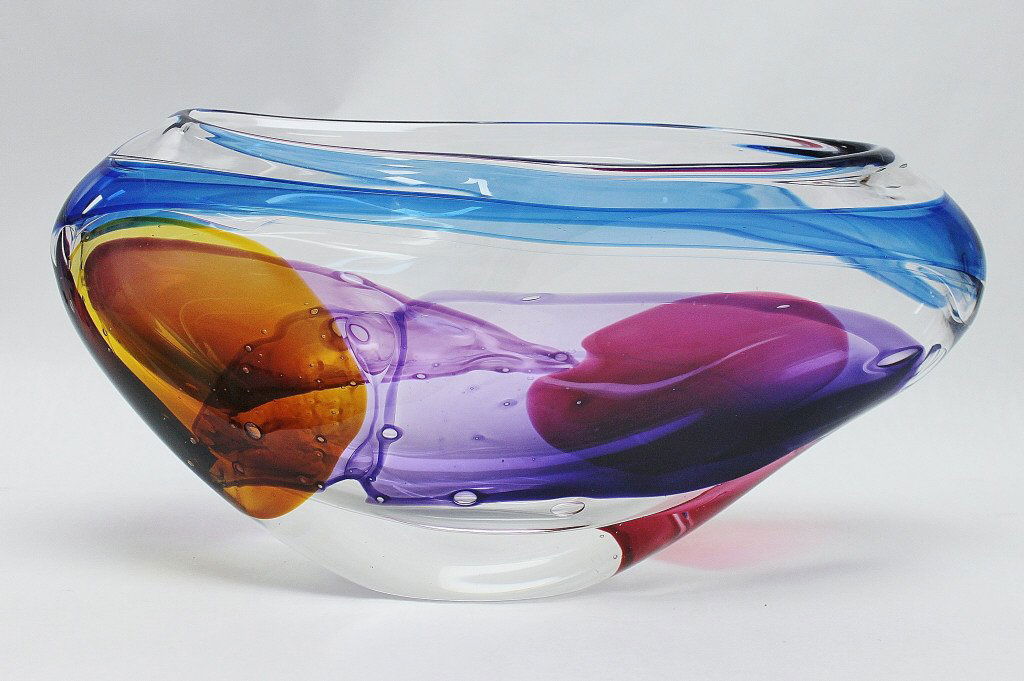 Leon Applebaum Art Glass Vase: Very large, heavy, free form art glass vase with hues of amber, violet, blue, and rose. Signed on bottom, Leon Applebaum".." Measurements: 8 x 21" x 10.5"" Artist: Leon Applebaum Style: Modern