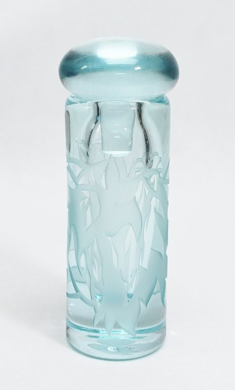 Robert Deeble Nouveau Art Glass Perfume Decanter: Cylindrical form cologne bottle/ perfume vial by Robert Deeble. Heavy walled, transparent water blue glass with deeply etched tributary decoration, fitted with a thick button-form stopper. Signed on b