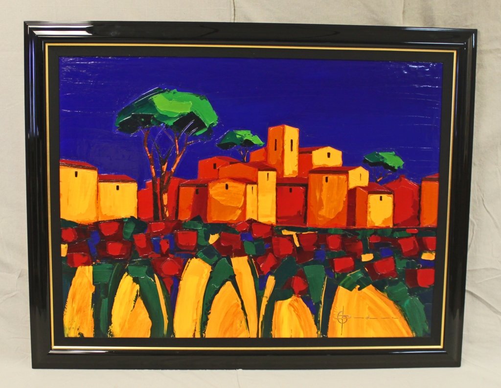 Oil on canvas "Village Jaunt" sig. Didier Chretien: Oil on canvas titled Village Jaunt". By French artist Didier Chretien. Abstract impressionist oil panting. Frame measures 59.25" x 46.25"" Measurements: 51 x 38.25"" Style: Late 20th Century
