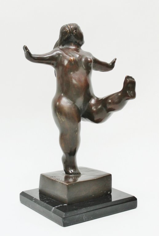 Botero Bronze Sculpture of a Dancing Girl: Fernando Botero [attrib] (Columbian, b.1932). Bailarina Pequena". Bronze sculpture with natural patina. Circa 1988. Inscribed "F. Botero"" Measurements: 5.75 x 5.75" x 12"" Artist: Fernando Botero Sty