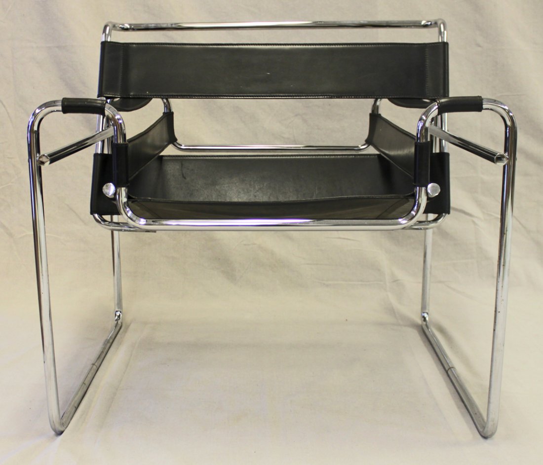 Wassily B3 Style Black Leather & Chrome Steel Chair: Wassily B3 style black leather and chrome steel club chair. Measurements: 30.5" x 26" x 29" Artist: Marcel Breuer Style: Modern