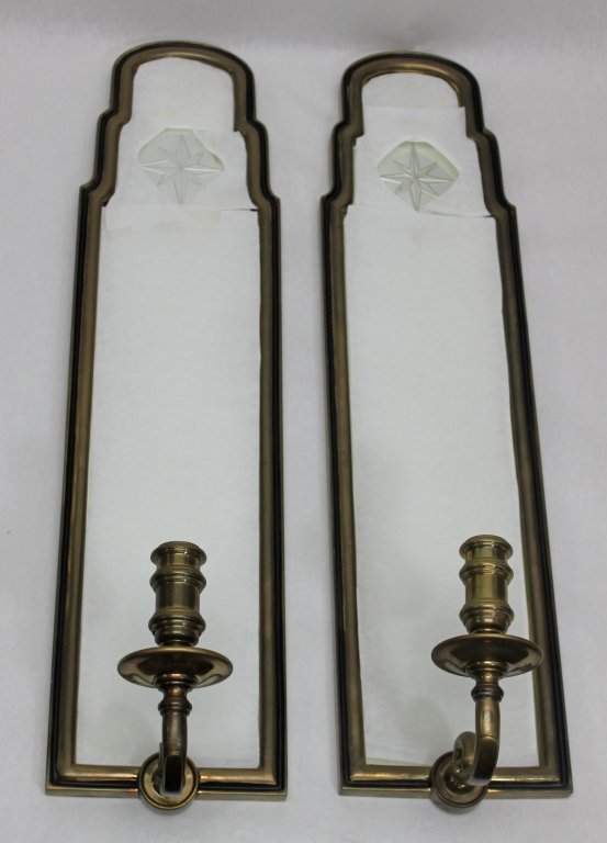 (2) Chapman Inlaid Brass and Mirrored Sconces: Pair of Chapman inlaid brass wall sconces with cut glass detail and candle holder. Measurements: 6 x 23.75" x 6.75"" Artist: Chapman Style: Modern
