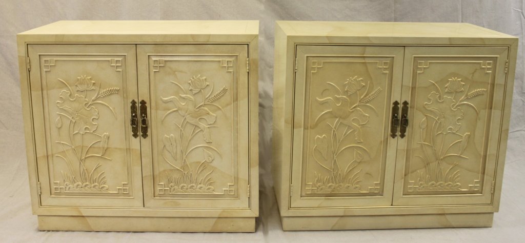 (2) Henredon Oriental Faux Goat Skin Cabinets: (2) Pair of faux goatskin cabinets in an oriental style. Very minor wear. Measurements: 36 x 18" x 32" each" Artist: Henredon Style: 1980's