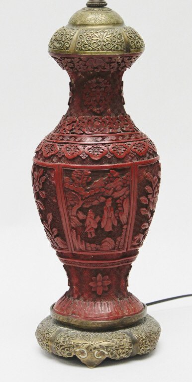 19th Century Cinnabar Vase, Mounted as Lamp: 19th century Cinnabar vase, now mounted as a lamp with finely detailed bronze mounts. Measurements: 5.25 x 4.5" x 14.25"" Style: 19th Century