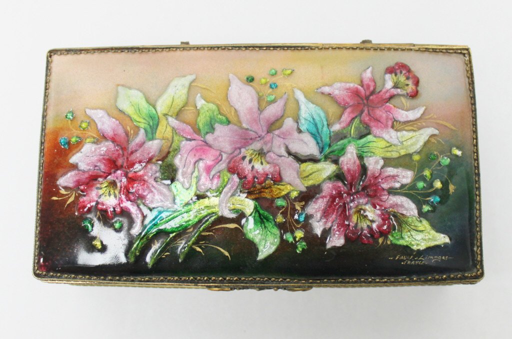 Camille Favre Limoqes Enamel Box: Camille Favre for Limoges enameled copper and brass jewelry box with art nouveau design. Measurements: 4.5" x 8" x 2.5" Artist: Camille Favre / Limoges Style: Mid Century