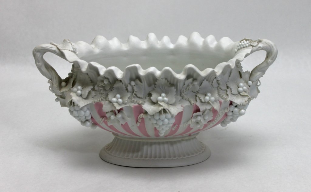 19thC Parian Ware Centerpiece Bowl w/ Grape Leaves: 19th century French parian ware centerpiece bowl with grape leaves and vines. Measurements: 13" x 7.5" x 6.75" Artist: French Style: 19th century