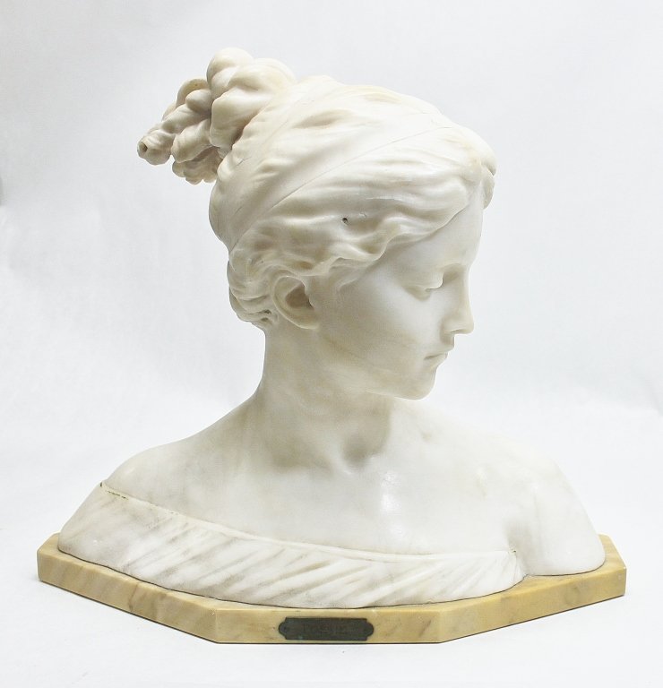 19thC Antonio Garella Alabaster Bust of Poesie: Antonio Garella (Italian 1864-1919) Bust of Poesie, Alabaster Signed on verso 'Prof. Garella Measurements: 16" x 7.25" x 13.5" Artist: Antonio Garella Style: 19th Century