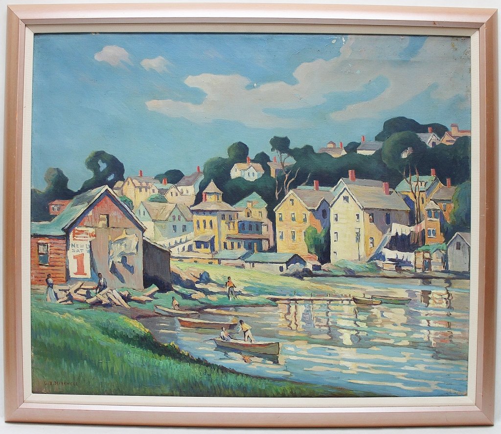 G H Mitchell Arts & Crafts Painting River Town: Arts and crafts painting of a mill scene by American painter George Harold Mitchell ( b. 1880, New York). There is some slight damage to the top right corner. Signed G.H. Mitchell" on the bottom left 
