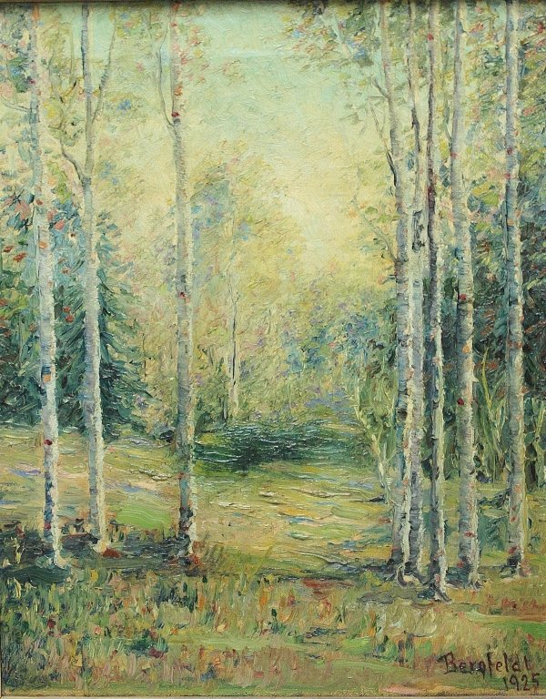 Hudson School Oil on Canvas Signed Bergfeldt 1925: Hudson School oil on canvas Signed Bergfeldt 1925. Painting of forest glen with birch trees. Artist: Bergfeldt Style: Early 20th Century