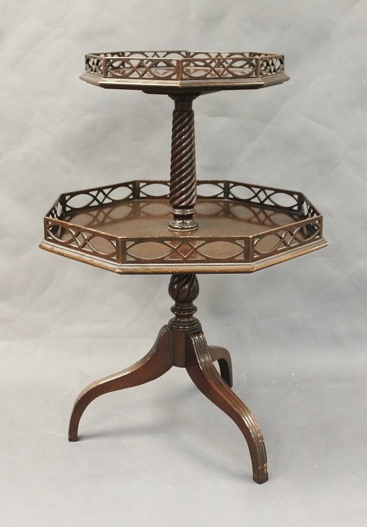 Duncan Fyfe 2-Tier Mahogany Table w/ Gallery: Duncan Fyfe two tier mahogany table with carved mahogany gallery. Some wear to table tops, as shown. Measurements: 21"dia. x 32.5"