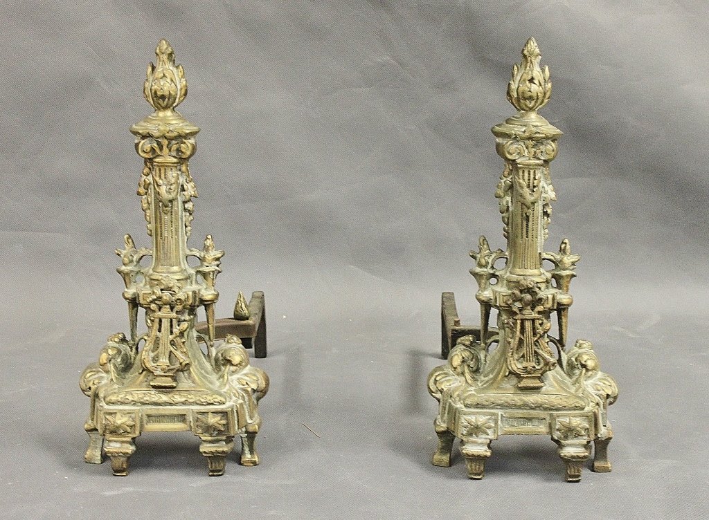 19th Century Louis XIV Bronze Fire Dogs / End Iron: Pair of 19th century Louis XIV bronze fire dogs / end irons. Measurements: 8" x 16" x 17.25" each